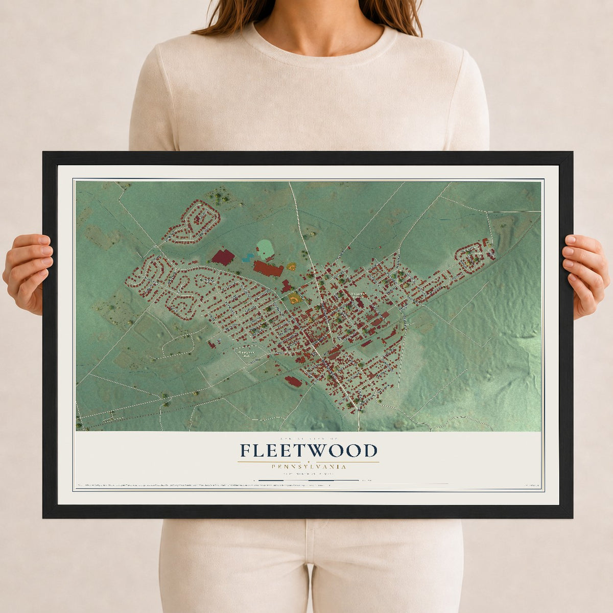 Map of Fleetwood, Pennsylvania, 12 x 18 inch print in a black wood frame
