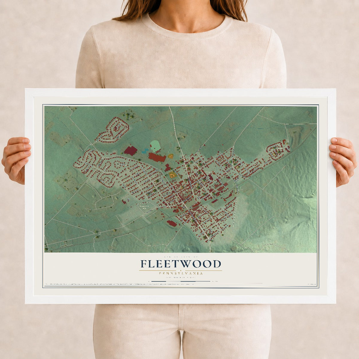 Map of Fleetwood, Pennsylvania, 12 x 18 inch print in a white wood frame