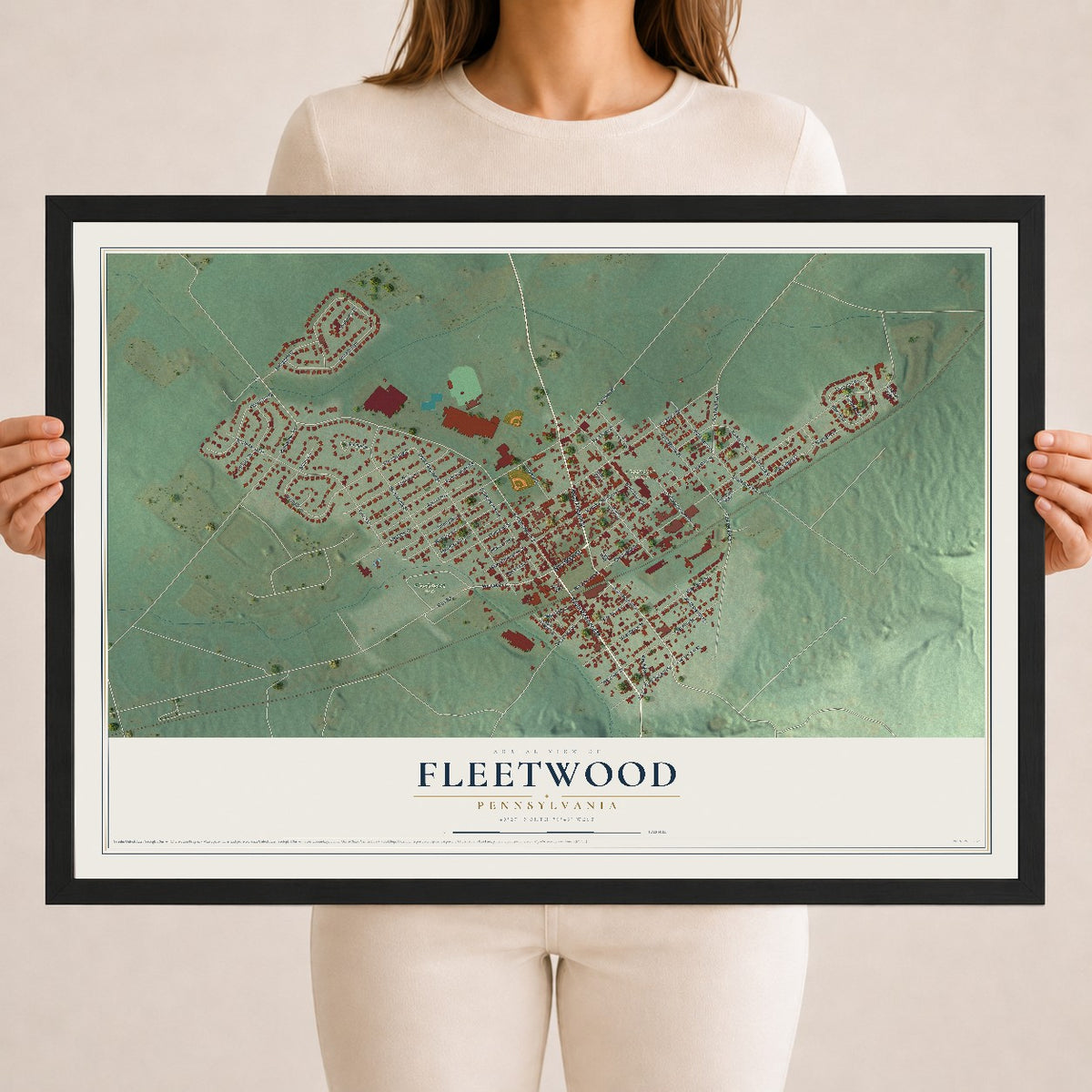 Map of Fleetwood, Pennsylvania, 18 x 24 inch print in a black wood frame
