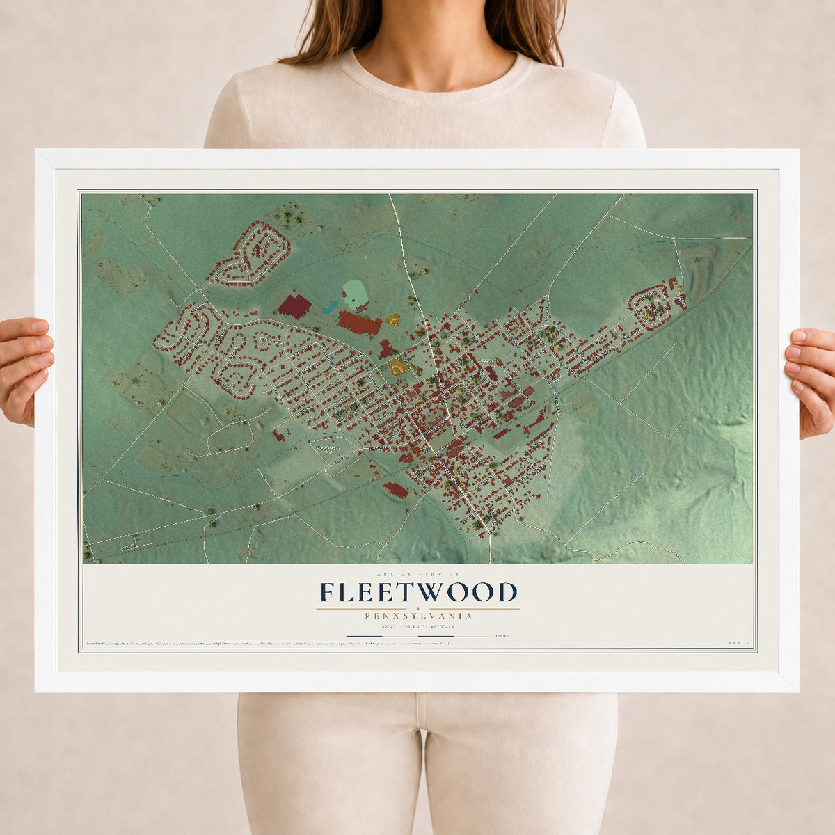 Map of Fleetwood, Pennsylvania, 18 x 24 inch print in a white wood frame