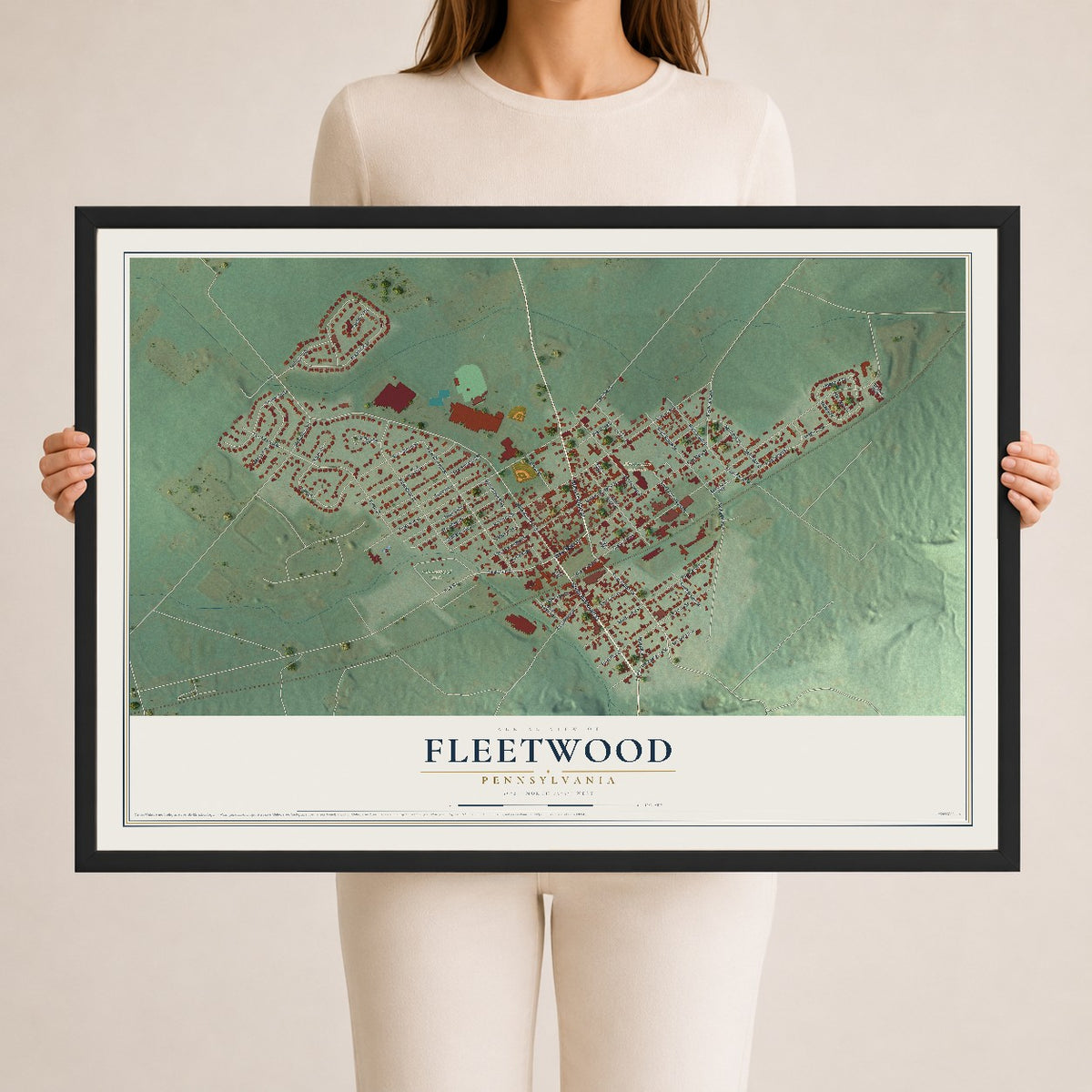 Map of Fleetwood, Pennsylvania, 24 x 36 inch print in a black wood frame