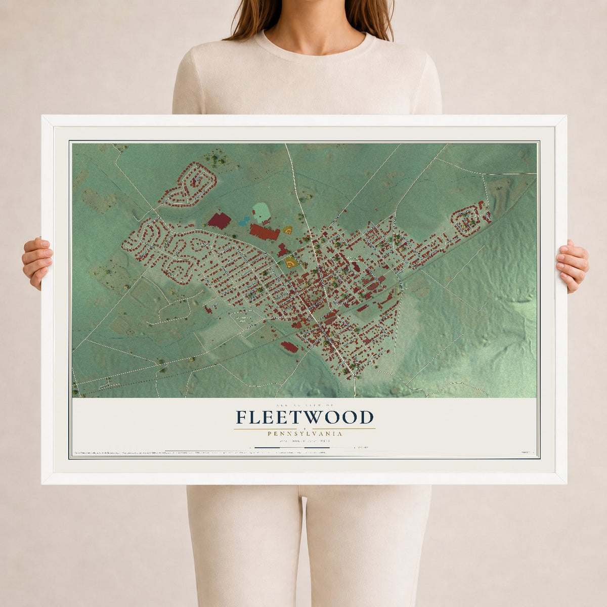 Map of Fleetwood, Pennsylvania, 24 x 36 inch print in a white wood frame