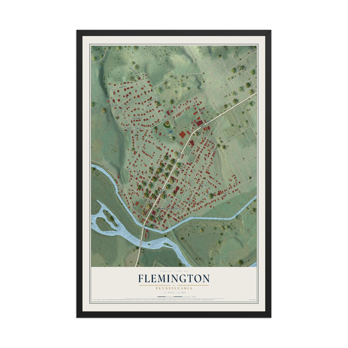 Map of Flemington, Pennsylvania, 12 x 18 inch print in a black wood frame