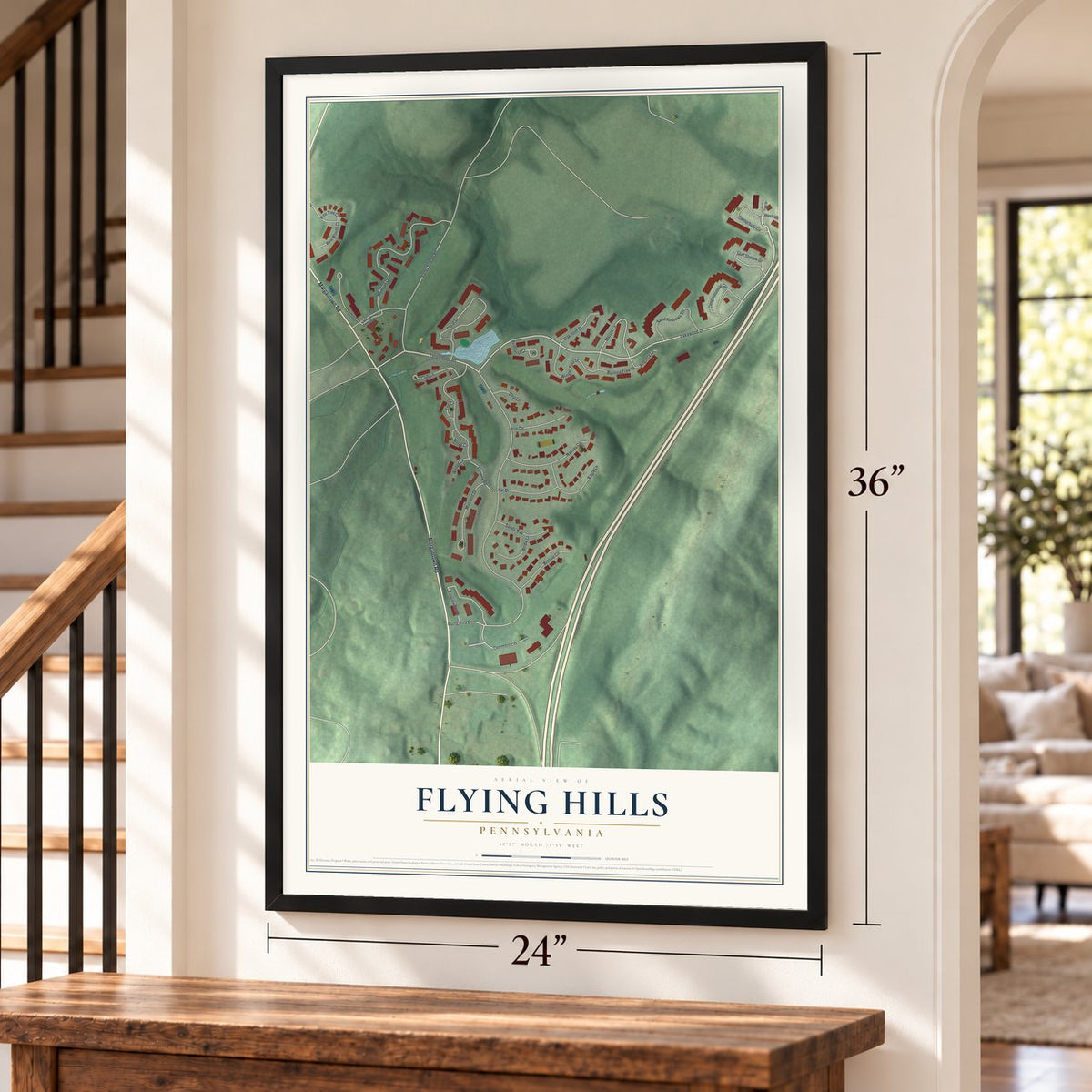 Flying Hills, Pennsylvania map, 24 x 36 inch print in a black frame by a staircase