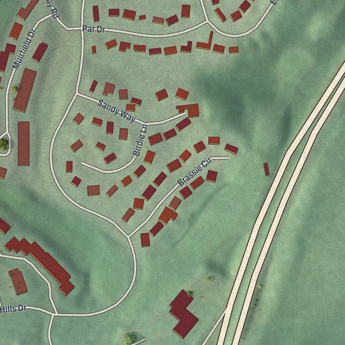 Close-up of the map of Flying Hills, Pennsylvania print showing street and building detail