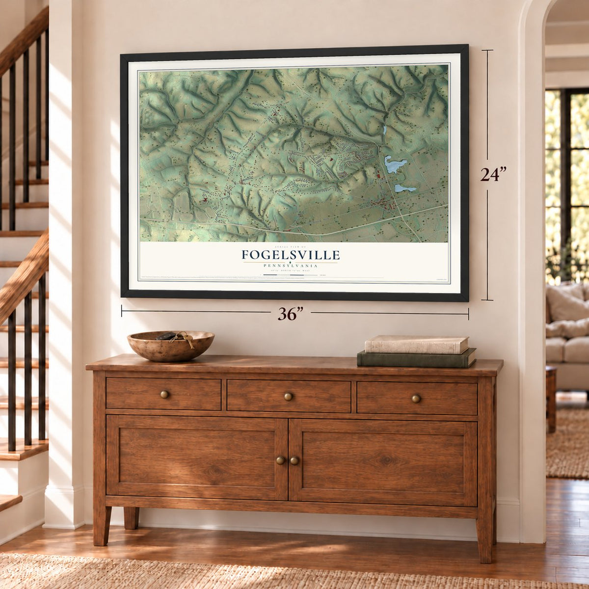 Fogelsville, Pennsylvania map, 24 x 36 inch print in a black frame above a dresser by a staircase
