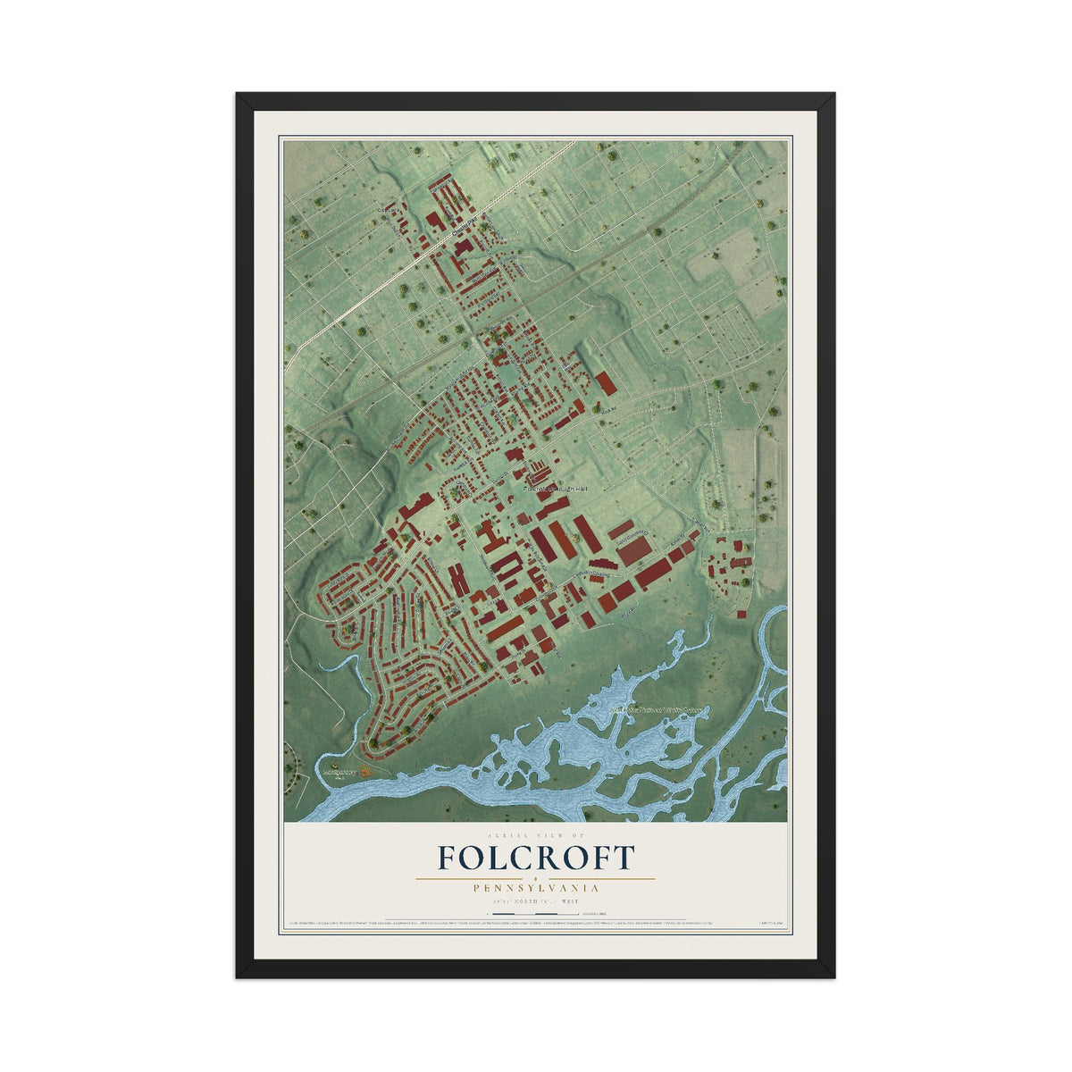 Map of Folcroft, Pennsylvania, 12 x 18 inch print in a black wood frame