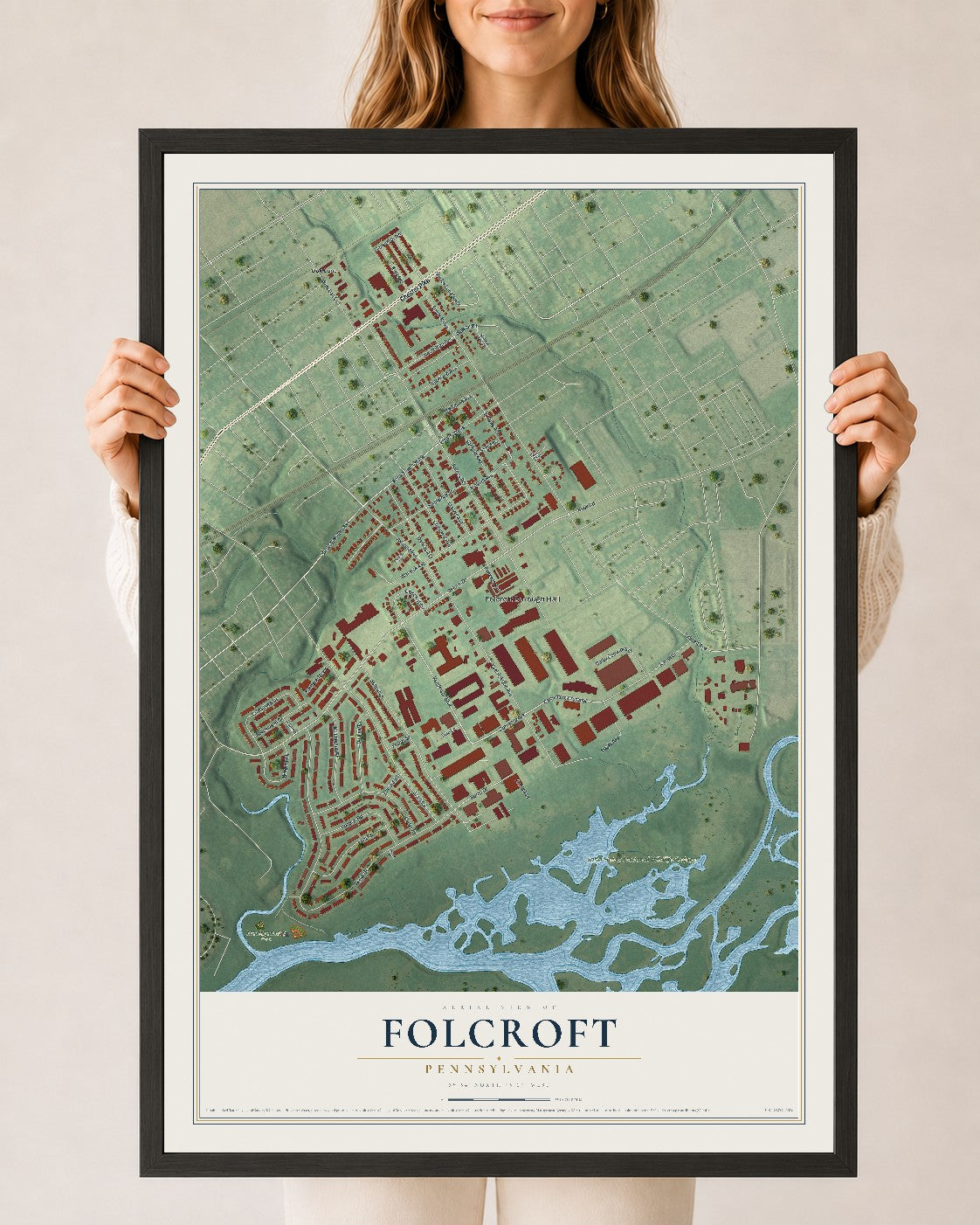 Map of Folcroft, Pennsylvania, 24 x 36 inch print in a black wood frame