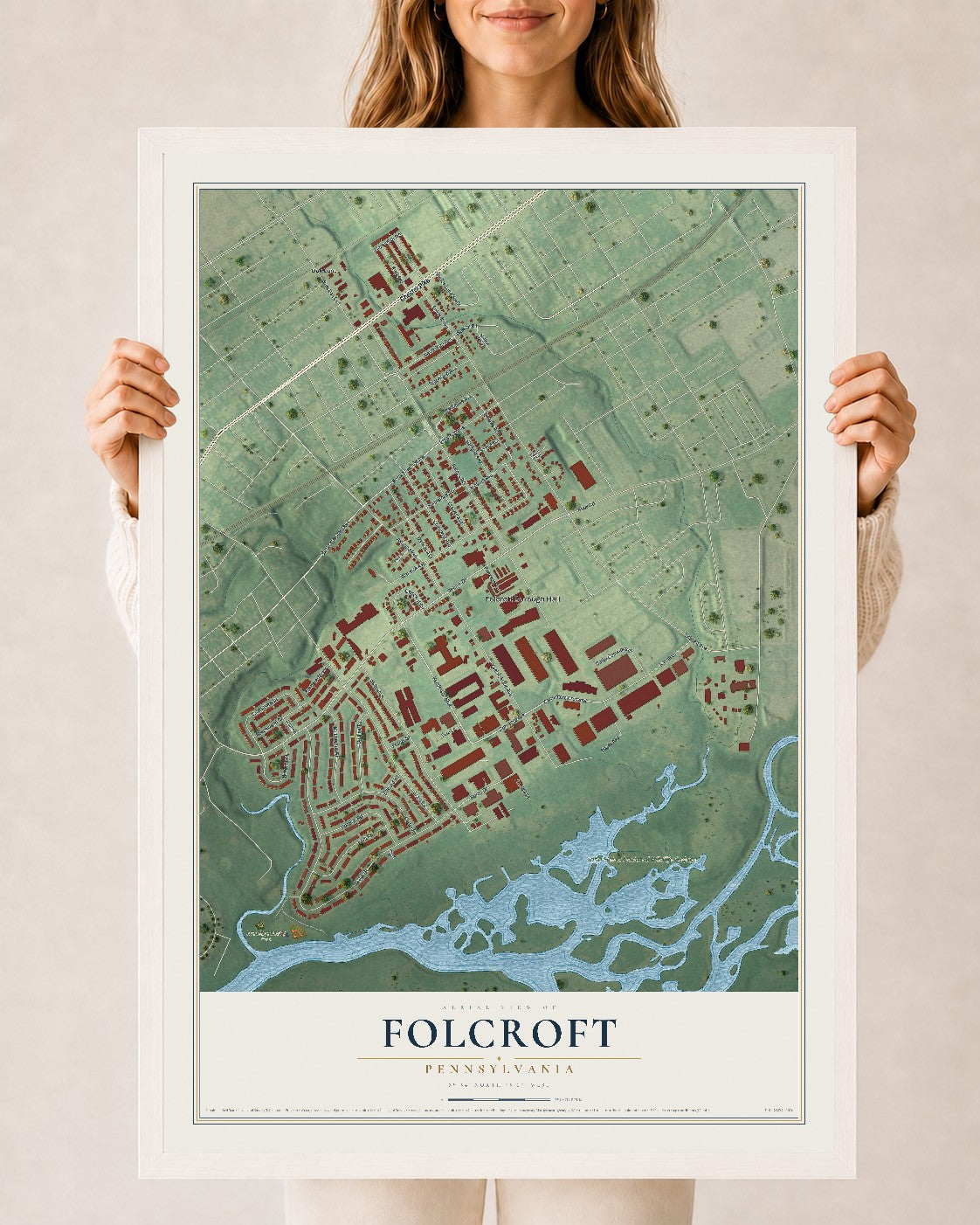 Map of Folcroft, Pennsylvania, 24 x 36 inch print in a white wood frame