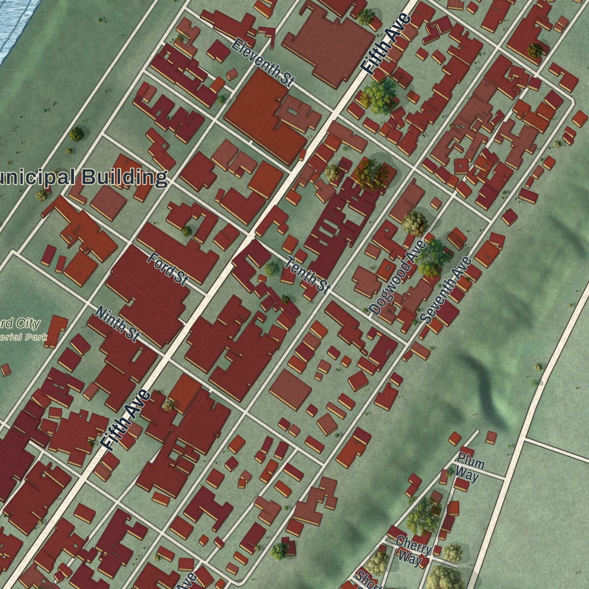 Close-up of the map of Ford City, Pennsylvania print showing street and building detail