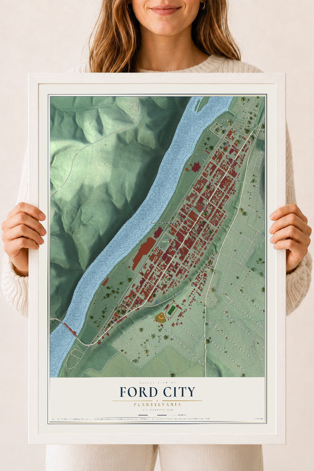 Map of Ford City, Pennsylvania, 18 x 24 inch print in a white wood frame