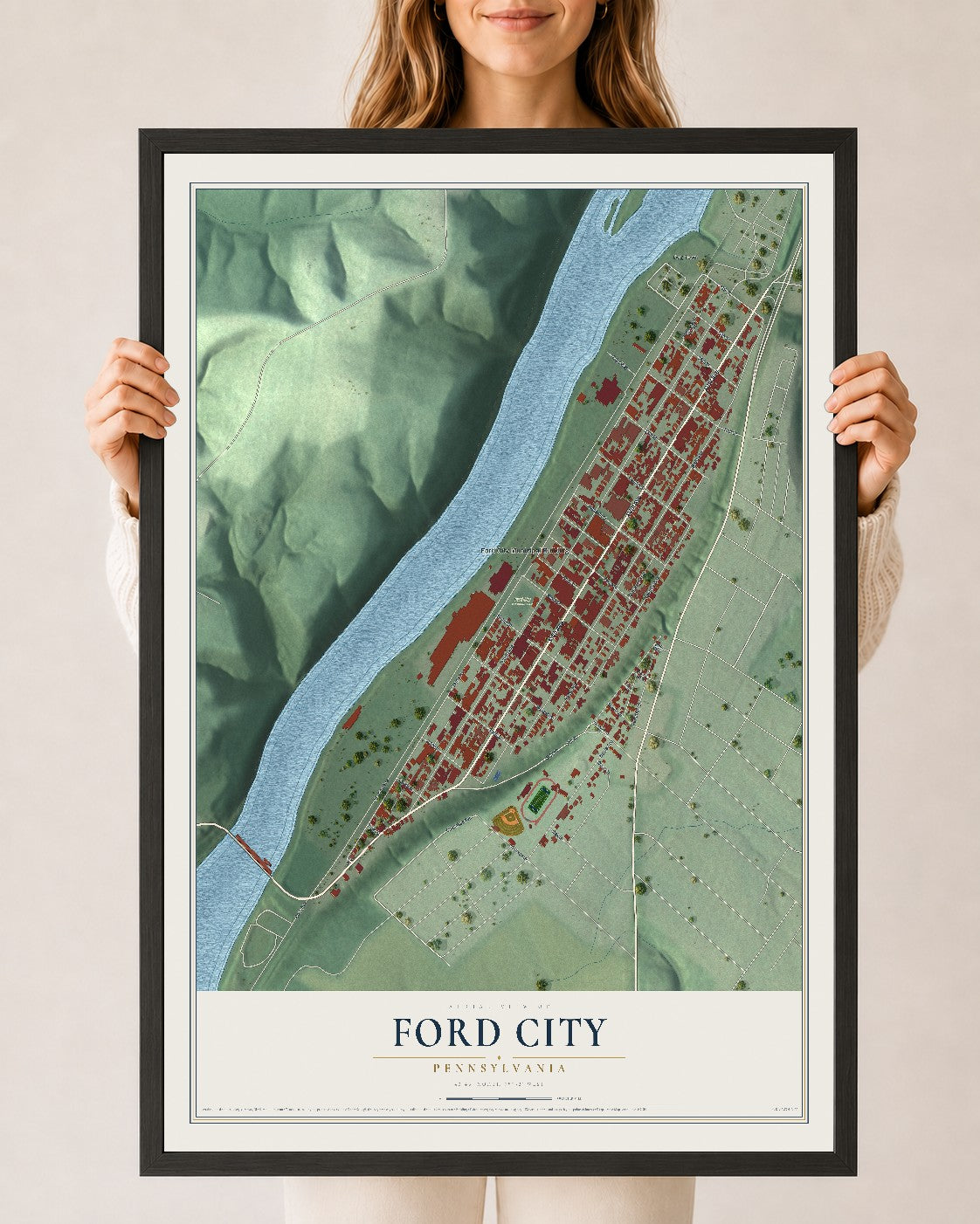 Map of Ford City, Pennsylvania, 24 x 36 inch print in a black wood frame