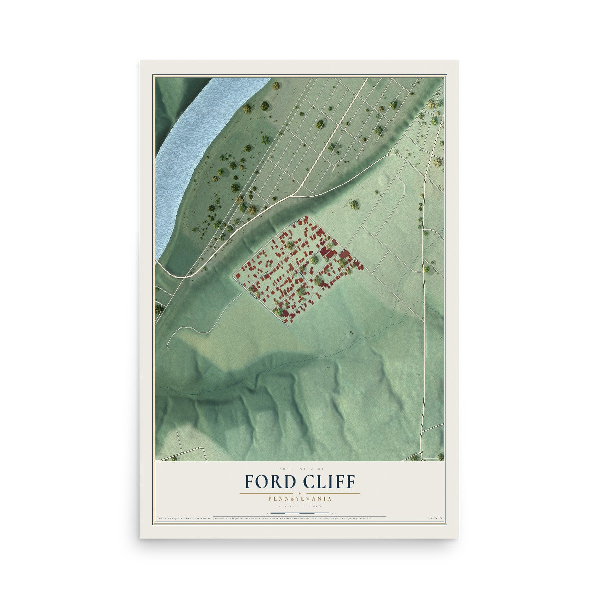 Map of Ford Cliff, Pennsylvania, 12 x 18 inch unframed archival matte print