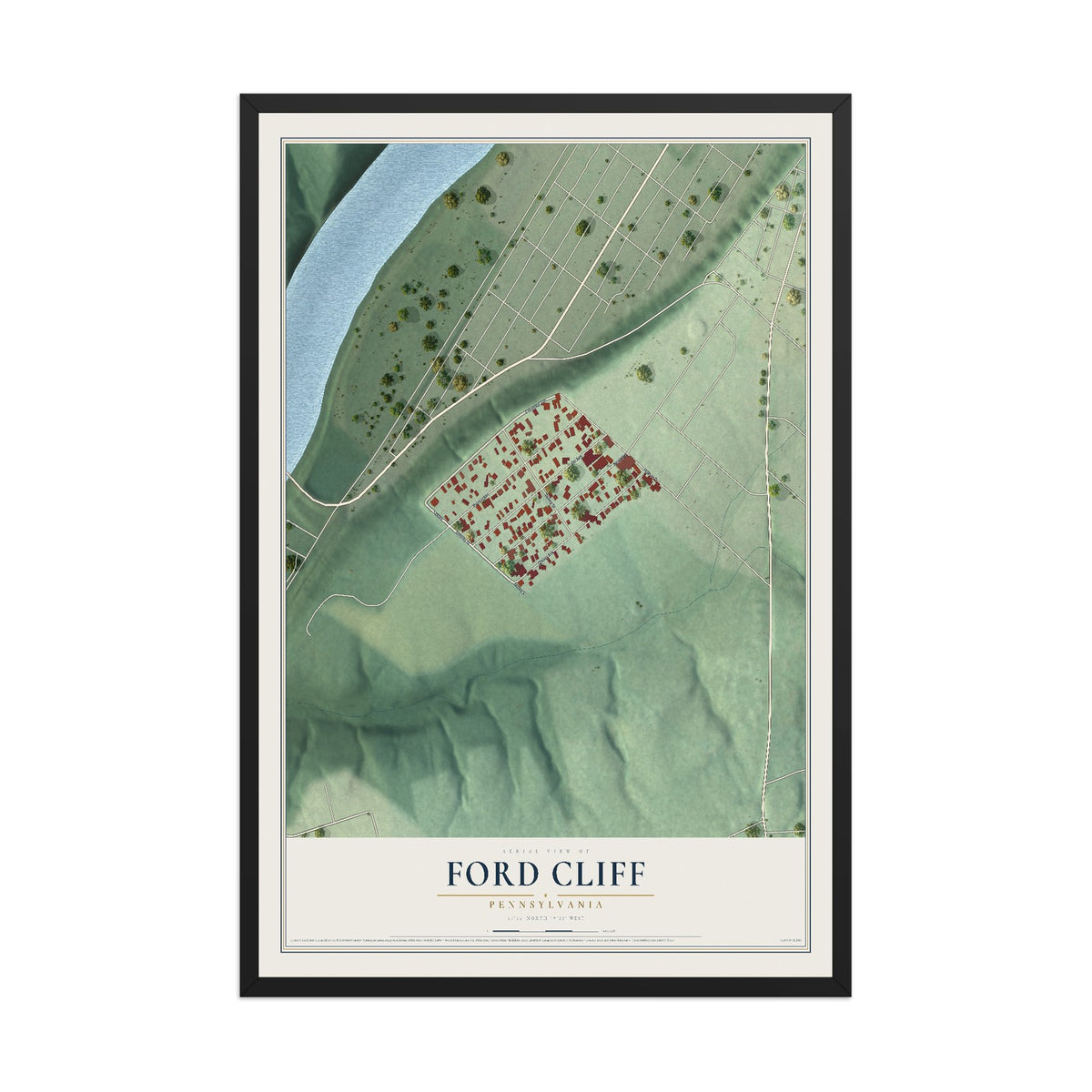 Map of Ford Cliff, Pennsylvania, 12 x 18 inch print in a black wood frame