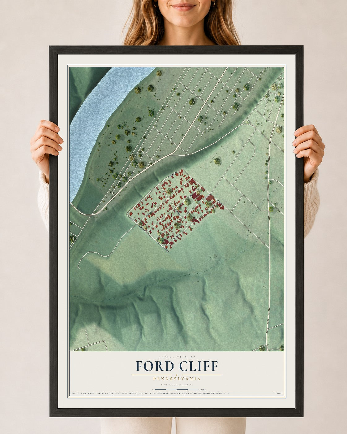 Map of Ford Cliff, Pennsylvania, 24 x 36 inch print in a black wood frame