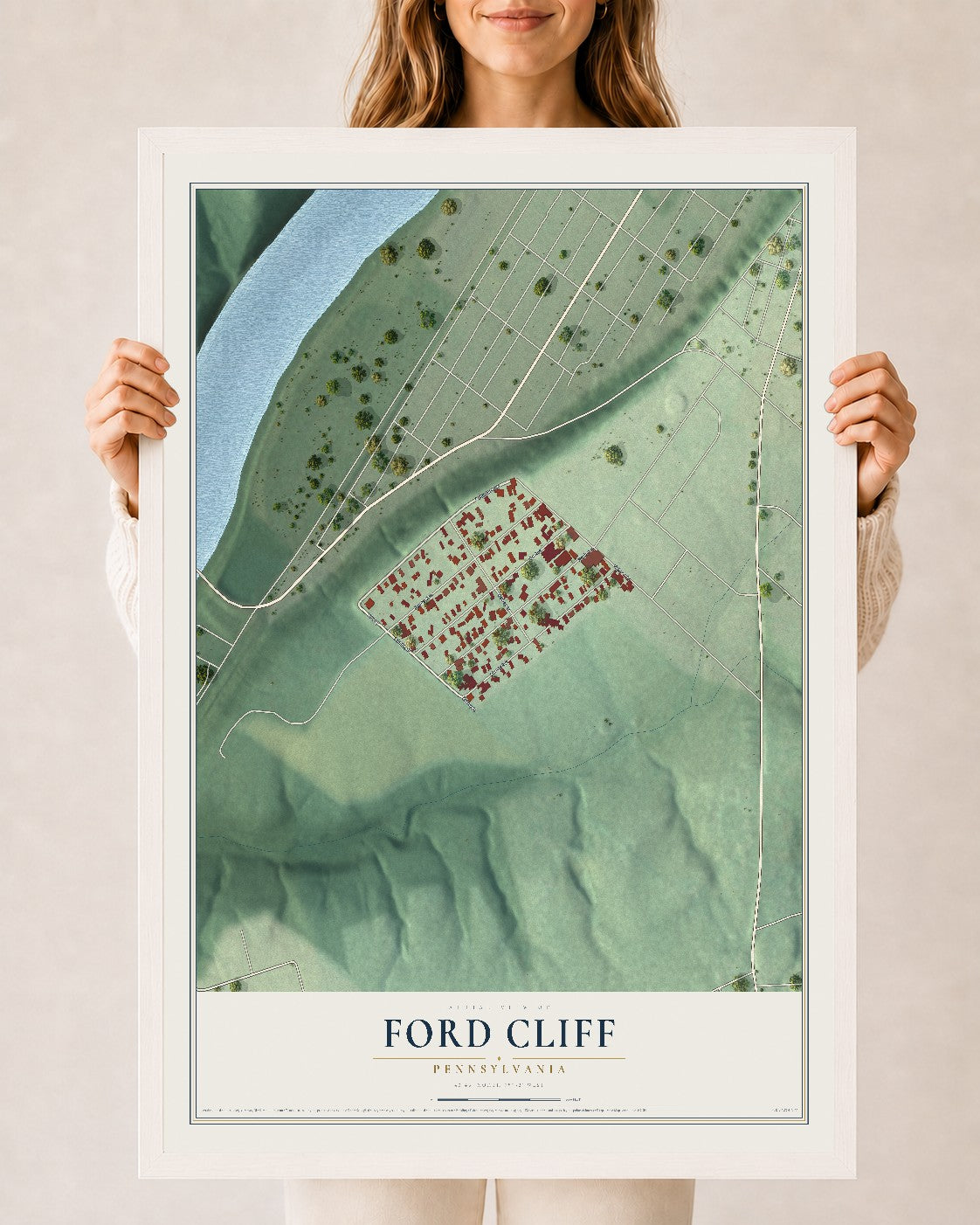 Map of Ford Cliff, Pennsylvania, 24 x 36 inch print in a white wood frame