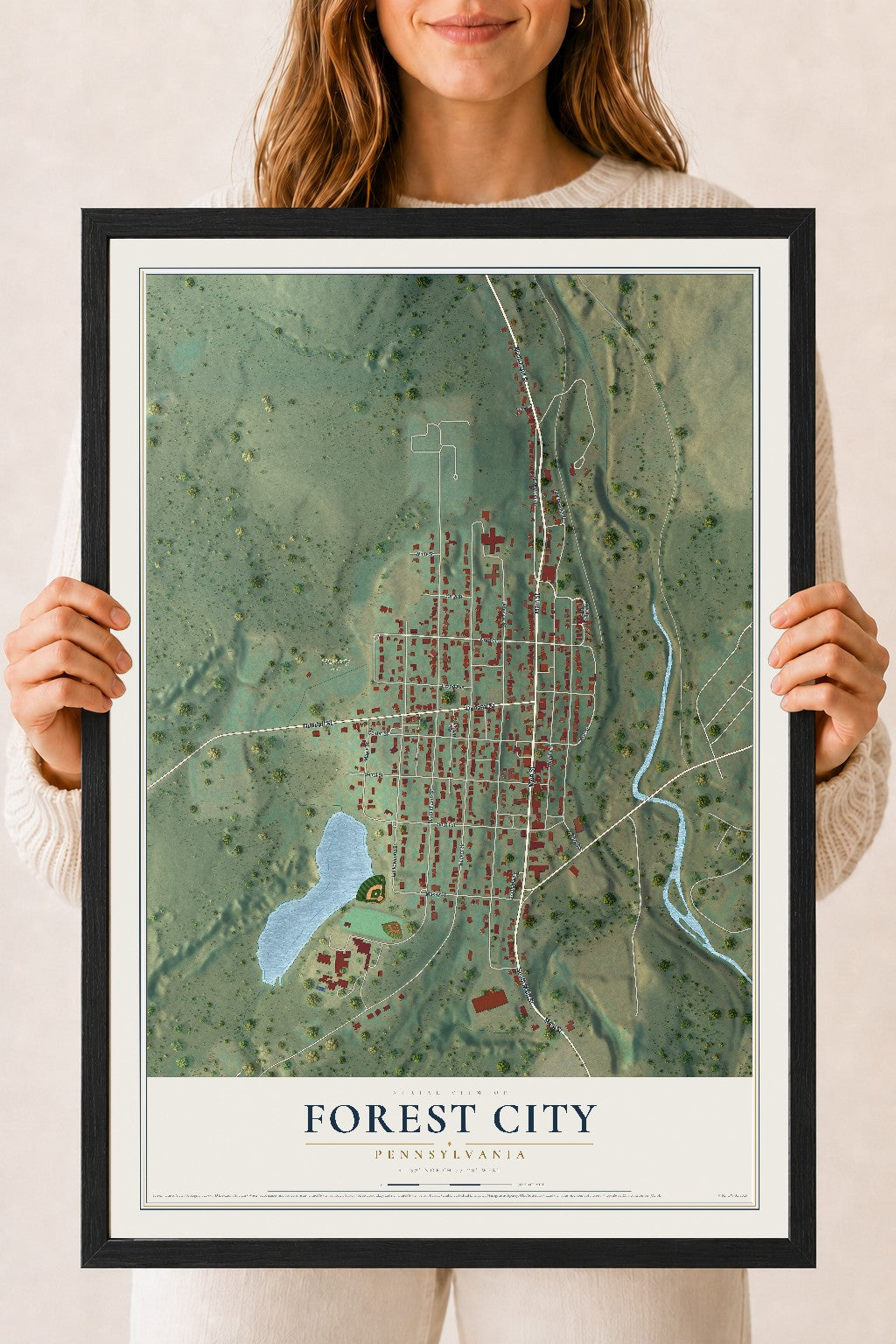 Map of Forest City, Pennsylvania, 18 x 24 inch print in a black wood frame