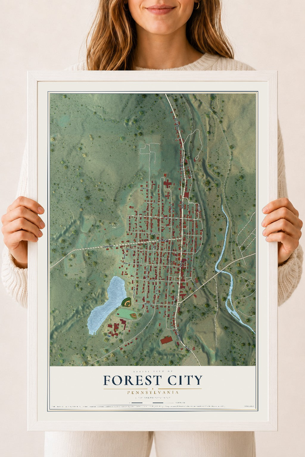Map of Forest City, Pennsylvania, 18 x 24 inch print in a white wood frame