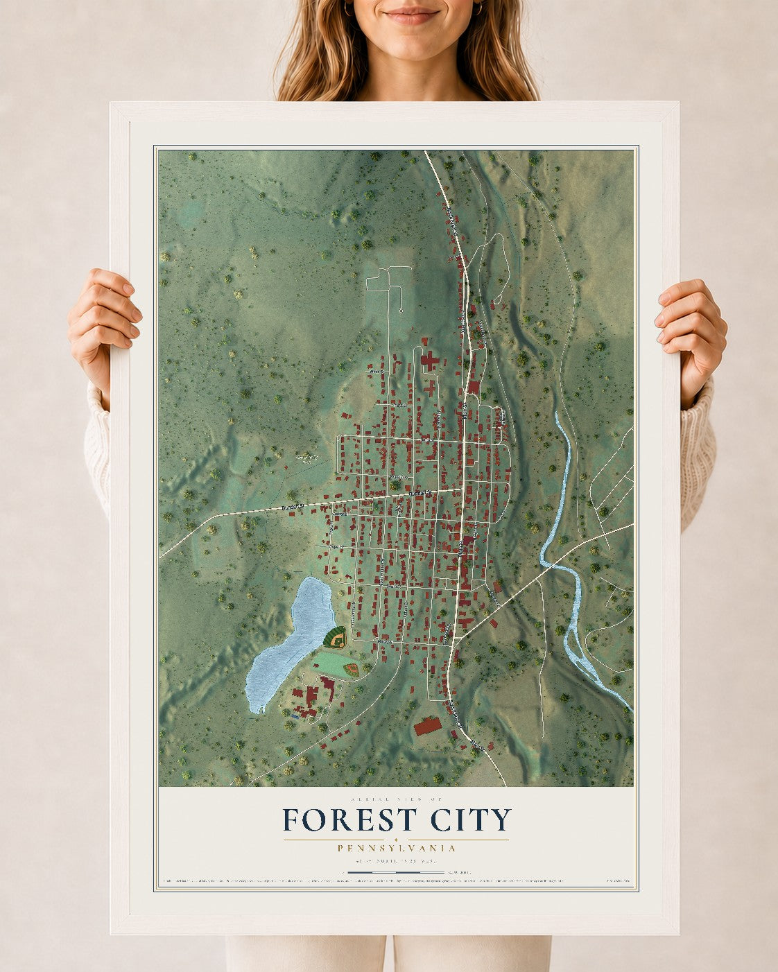 Map of Forest City, Pennsylvania, 24 x 36 inch print in a white wood frame