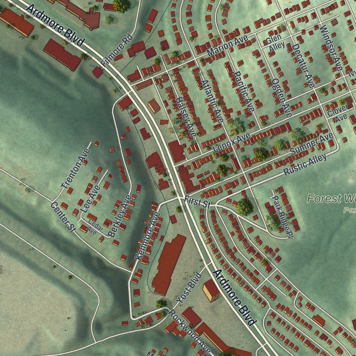 Second close-up of the map of Forest Hills, Pennsylvania print showing more streets and buildings