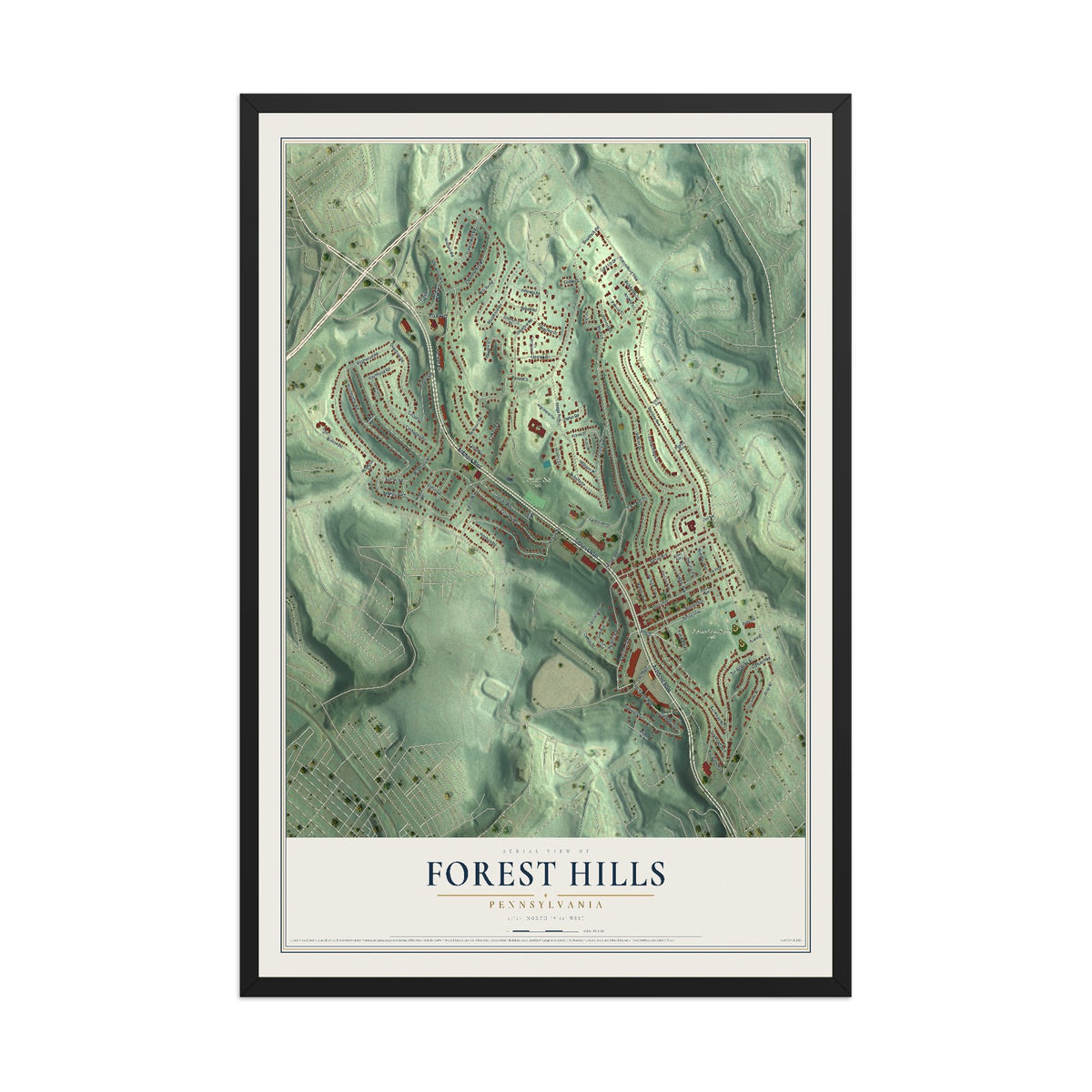 Map of Forest Hills, Pennsylvania, 12 x 18 inch print in a black wood frame