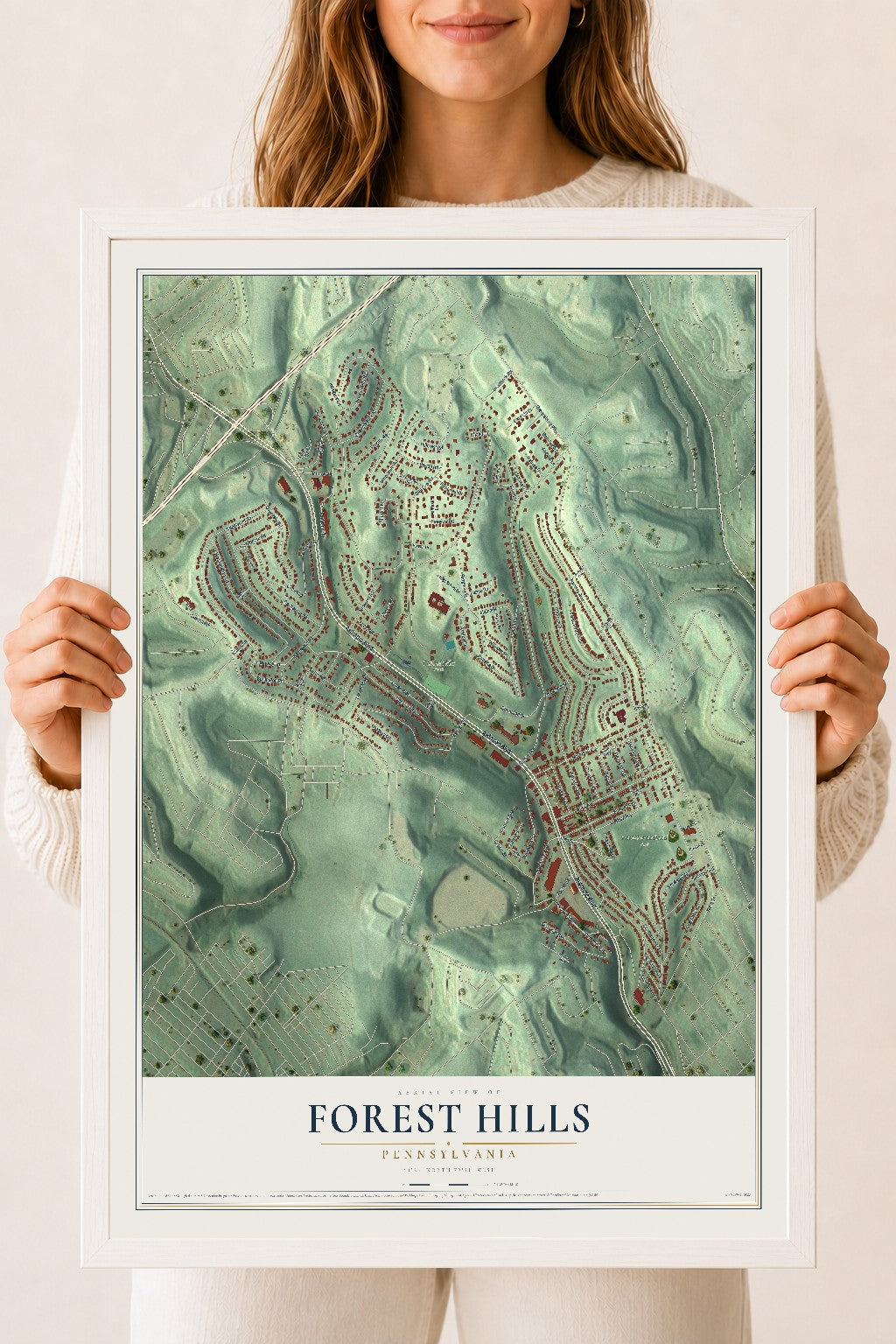Map of Forest Hills, Pennsylvania, 18 x 24 inch print in a white wood frame