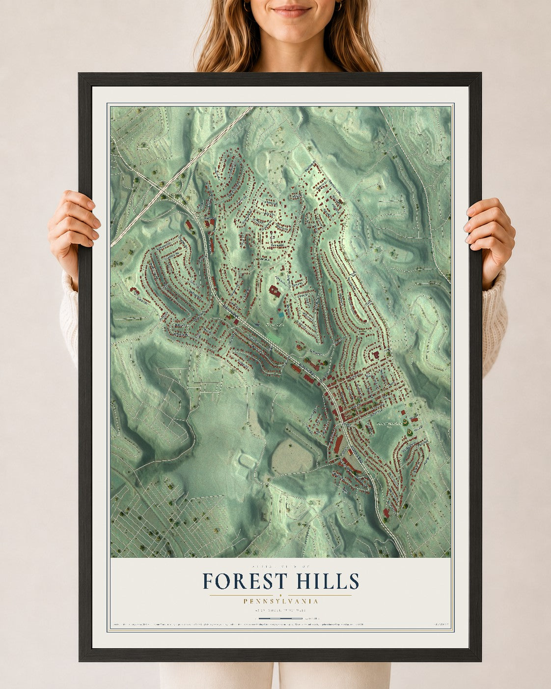 Map of Forest Hills, Pennsylvania, 24 x 36 inch print in a black wood frame