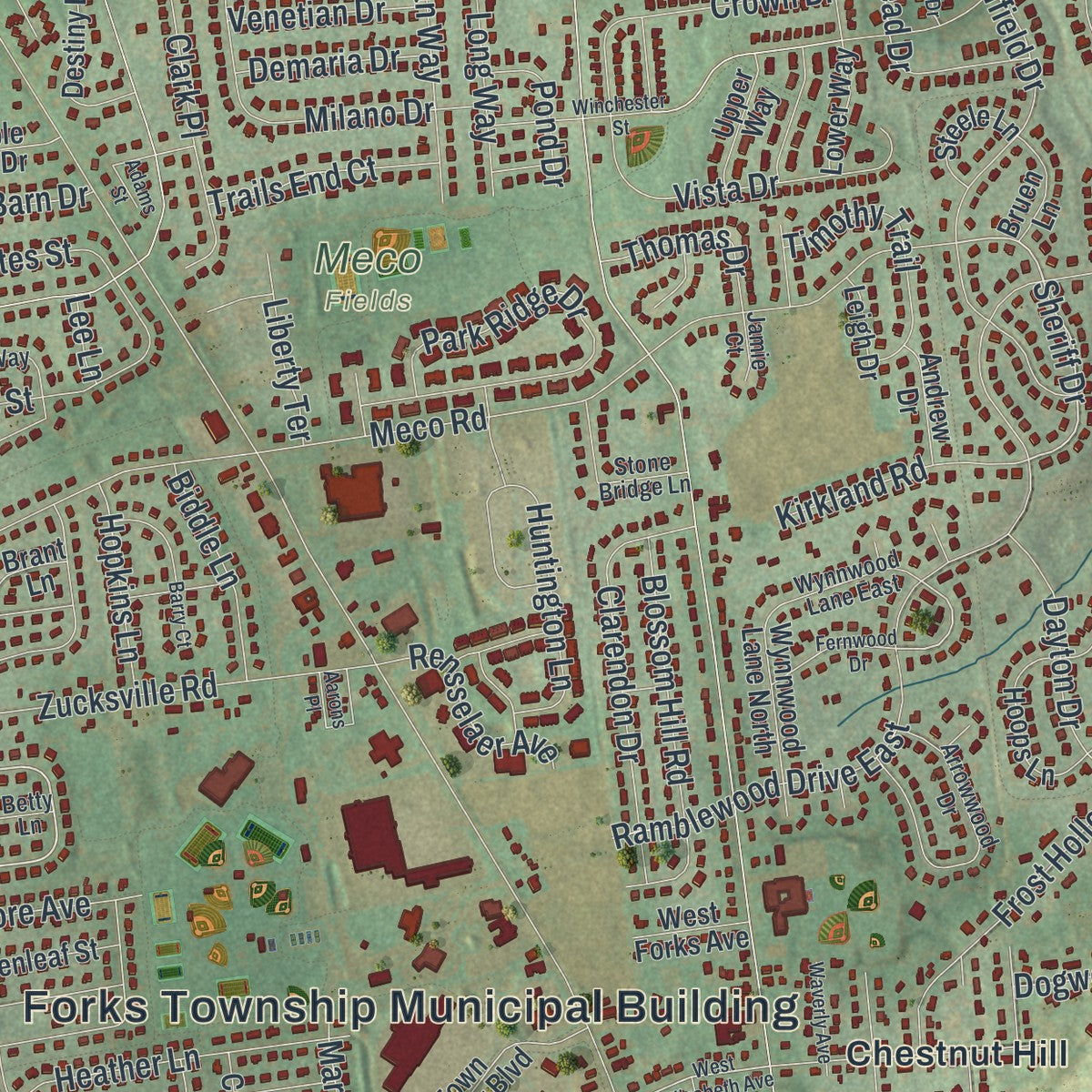 Close-up of the map of Forks, Northampton County, Pennsylvania print showing street and building detail