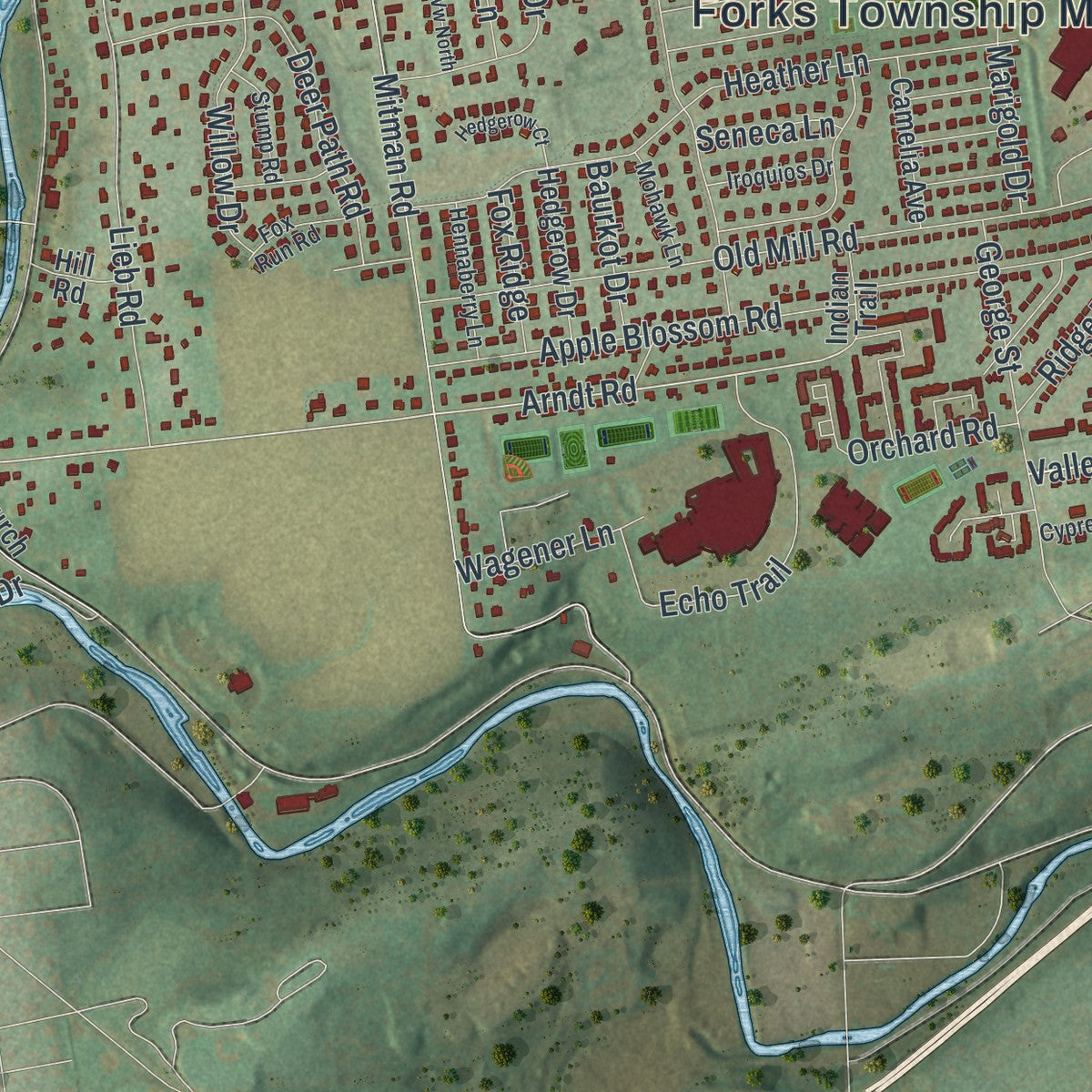 Second close-up of the map of Forks, Northampton County, Pennsylvania print showing more streets and buildings