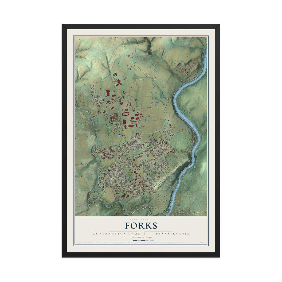 Map of Forks, Northampton County, Pennsylvania, 12 x 18 inch print in a black wood frame