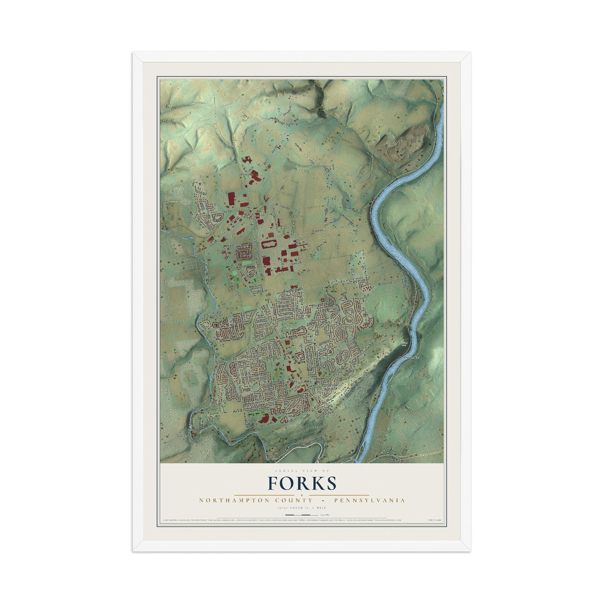 Map of Forks, Northampton County, Pennsylvania, 12 x 18 inch print in a white wood frame