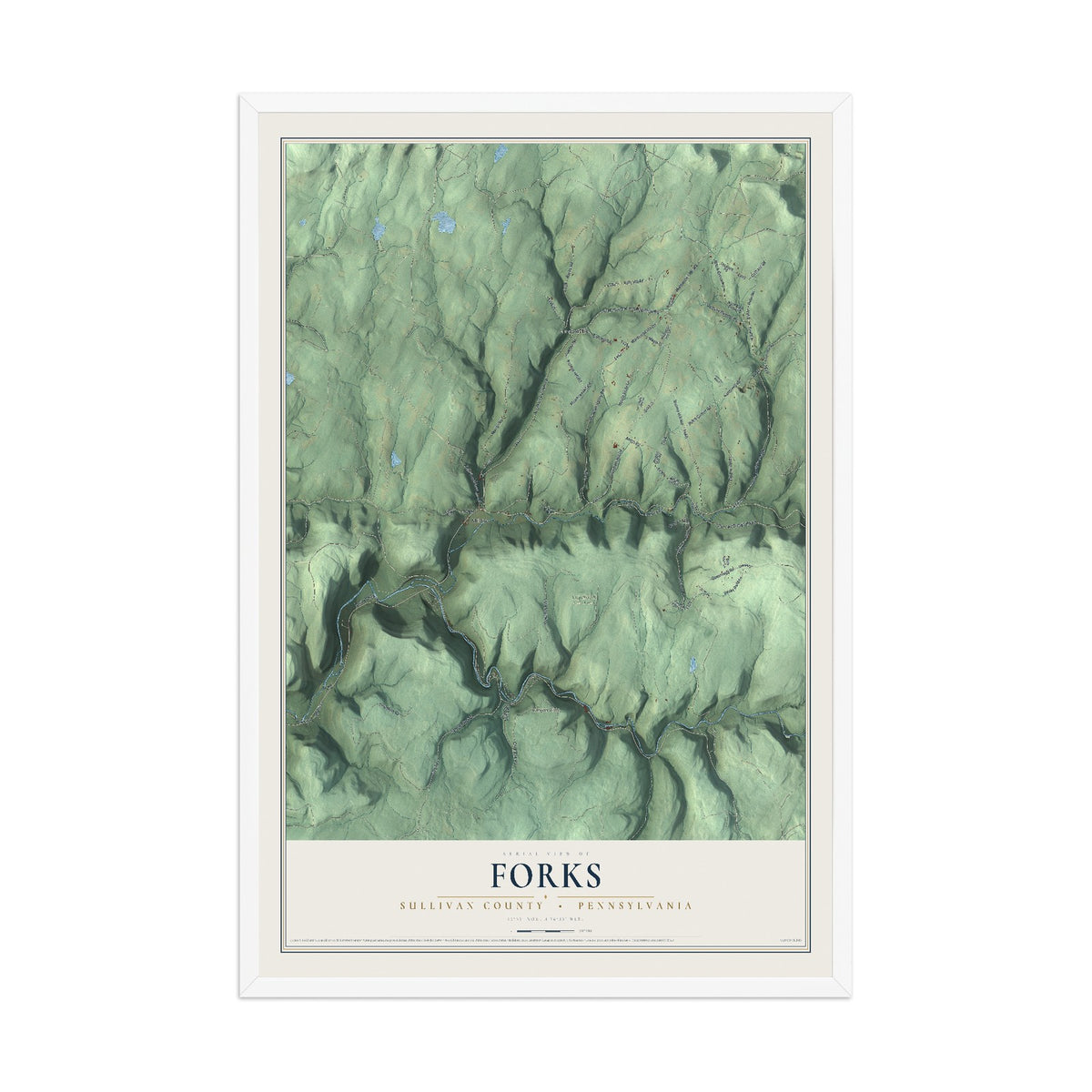 Map of Forks, Sullivan County, Pennsylvania, 12 x 18 inch print in a white wood frame