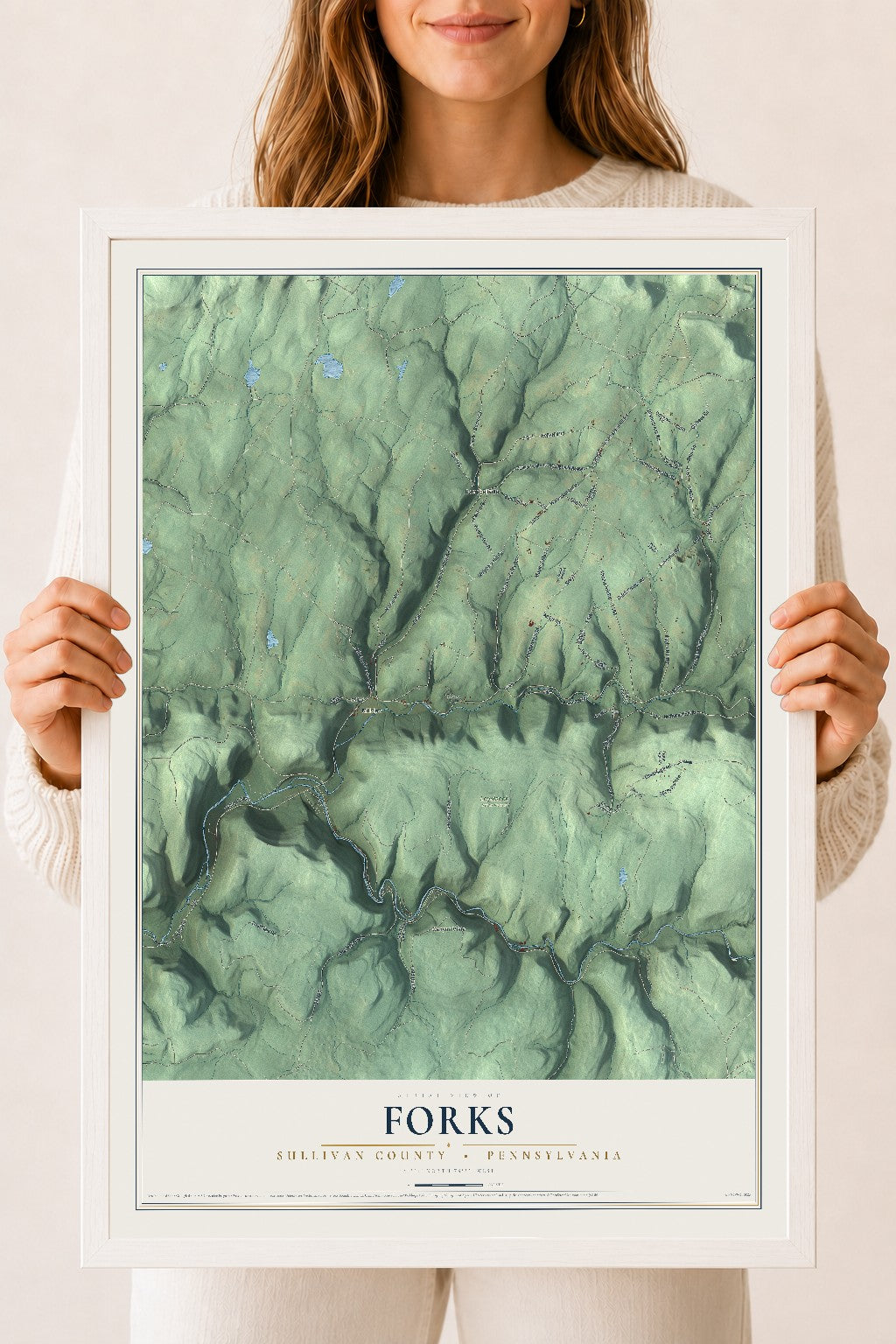Map of Forks, Sullivan County, Pennsylvania, 18 x 24 inch print in a white wood frame