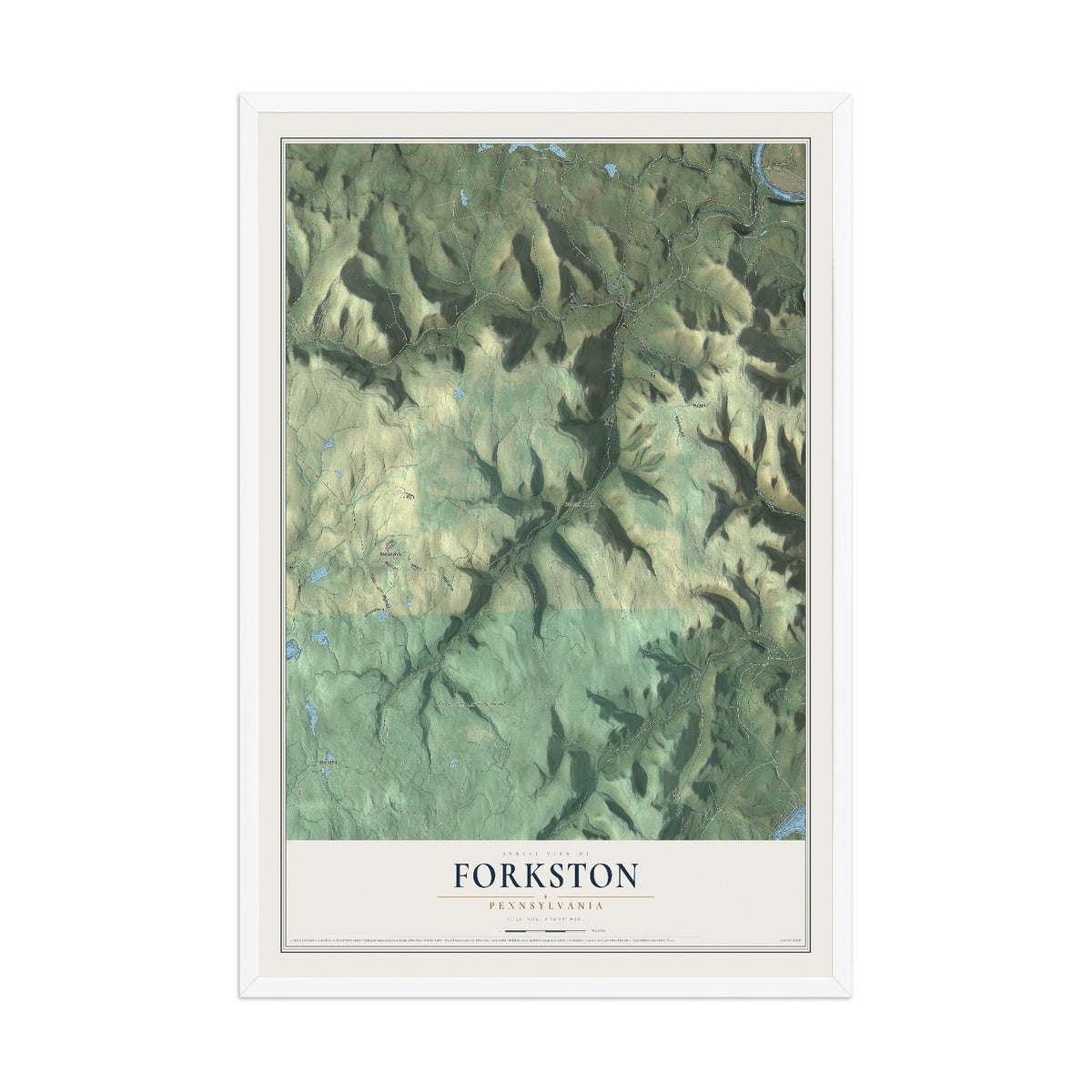 Map of Forkston, Pennsylvania, 12 x 18 inch print in a white wood frame