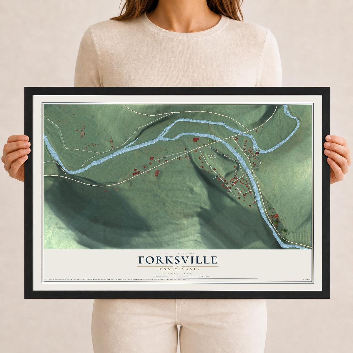 Map of Forksville, Pennsylvania, 12 x 18 inch print in a black wood frame