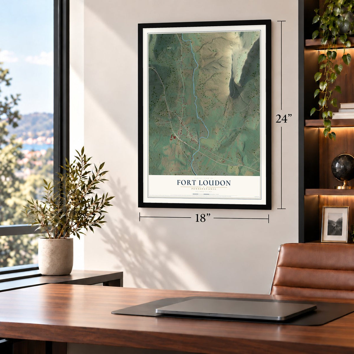 Fort Loudon, Pennsylvania map, 18 x 24 inch print in a black frame in a home office