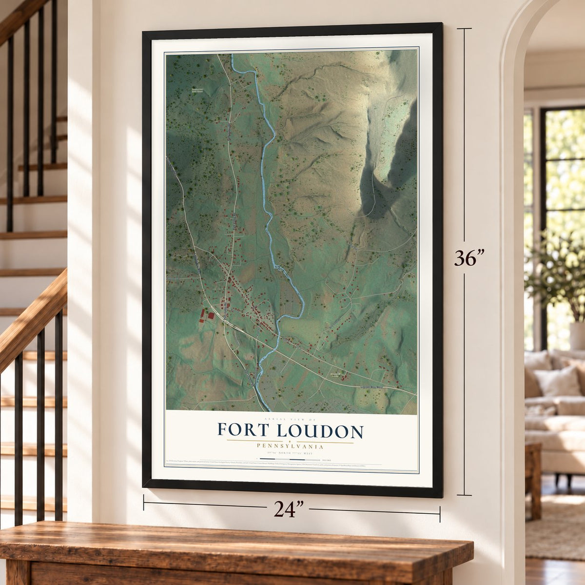 Fort Loudon, Pennsylvania map, 24 x 36 inch print in a black frame by a staircase