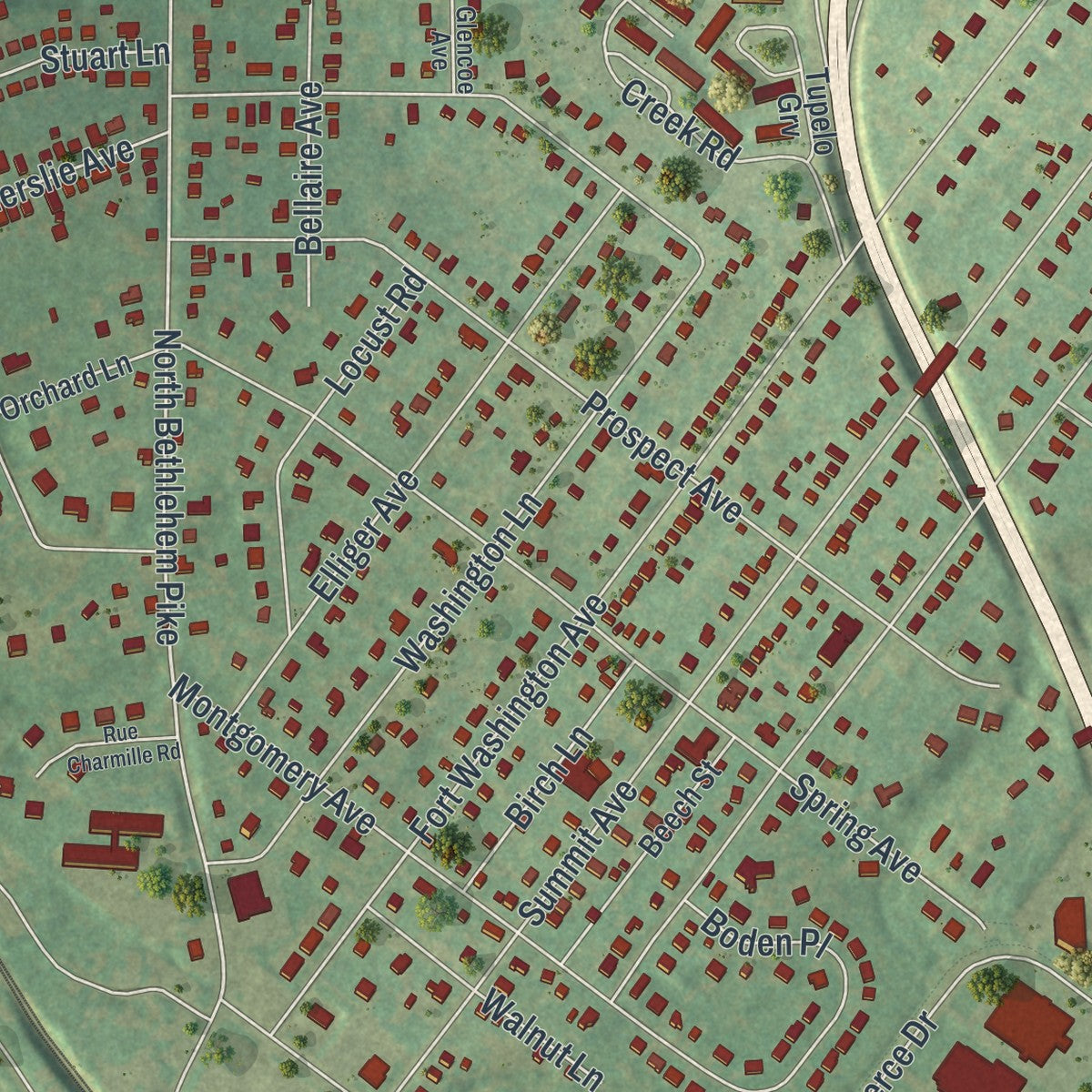 Close-up of the map of Fort Washington, Pennsylvania print showing street and building detail