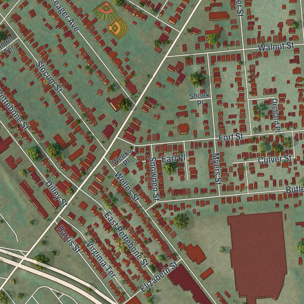 Close-up of the map of Forty Fort, Pennsylvania print showing street and building detail