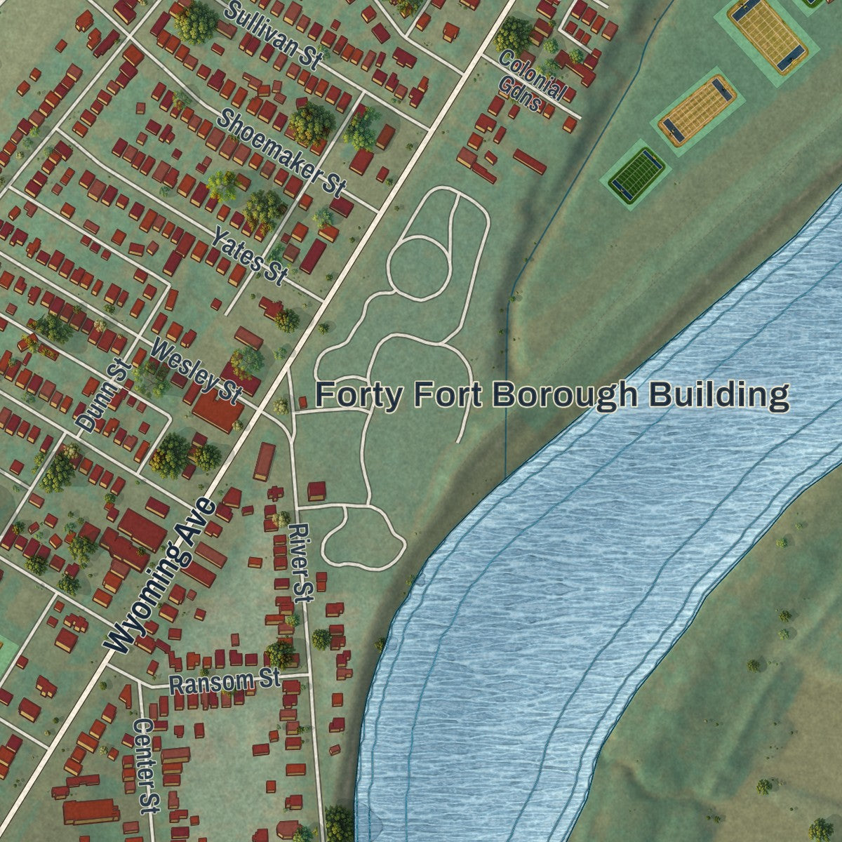 Second close-up of the map of Forty Fort, Pennsylvania print showing more streets and buildings