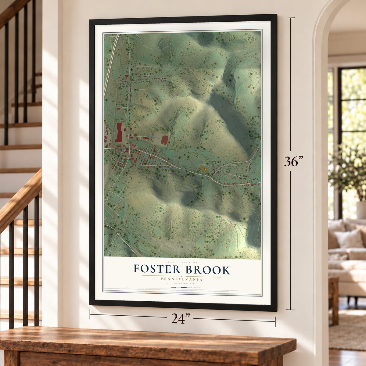 Foster Brook, Pennsylvania map, 24 x 36 inch print in a black frame by a staircase
