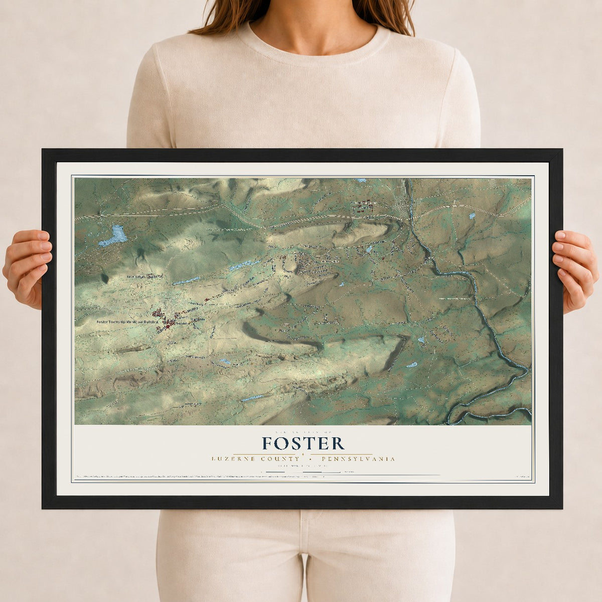 Map of Foster, Luzerne County, Pennsylvania, 12 x 18 inch print in a black wood frame