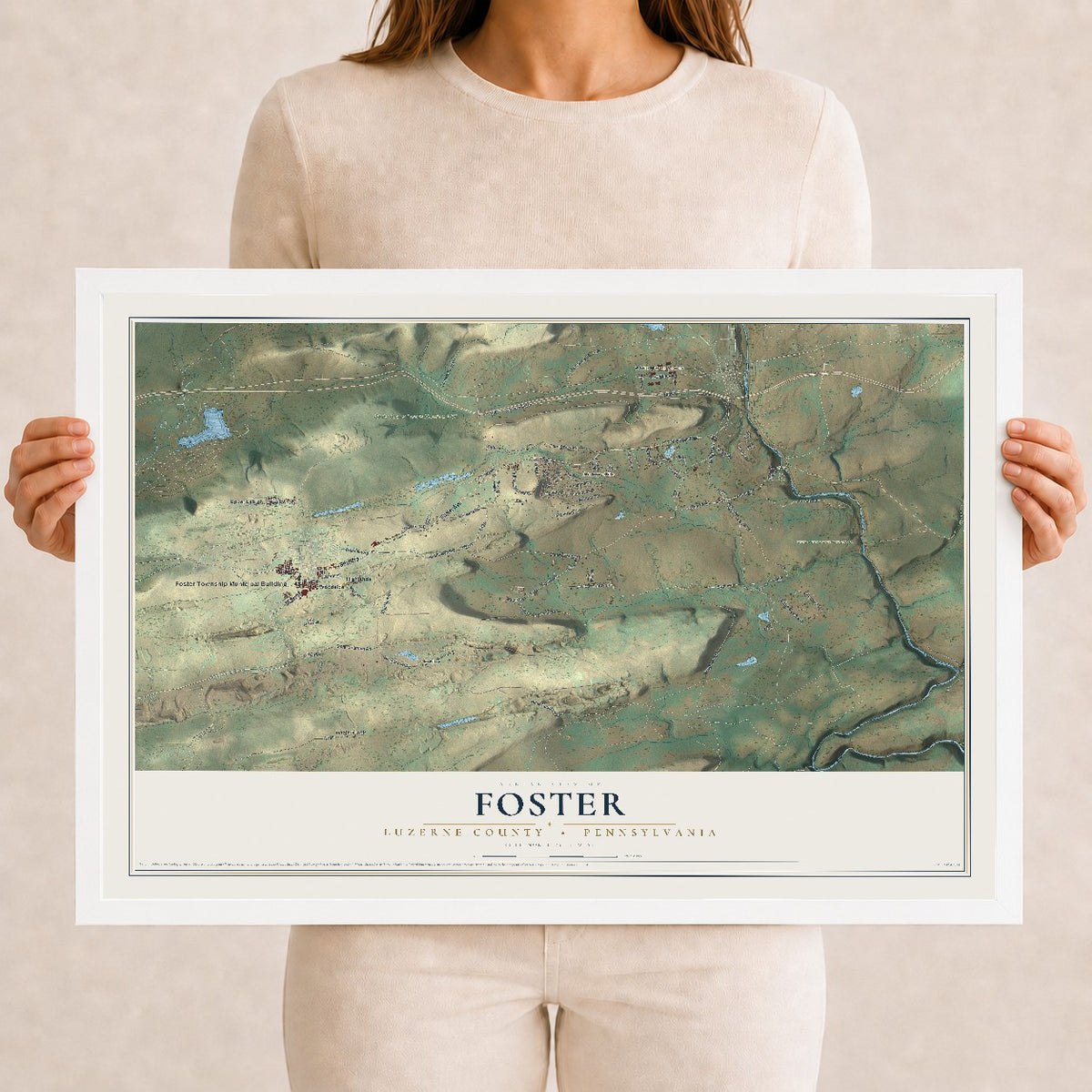 Map of Foster, Luzerne County, Pennsylvania, 12 x 18 inch print in a white wood frame