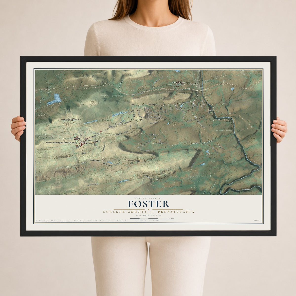 Map of Foster, Luzerne County, Pennsylvania, 24 x 36 inch print in a black wood frame