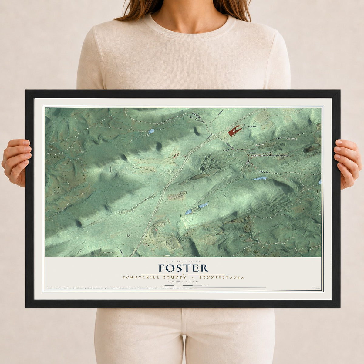 Map of Foster, Schuylkill County, Pennsylvania, 12 x 18 inch print in a black wood frame
