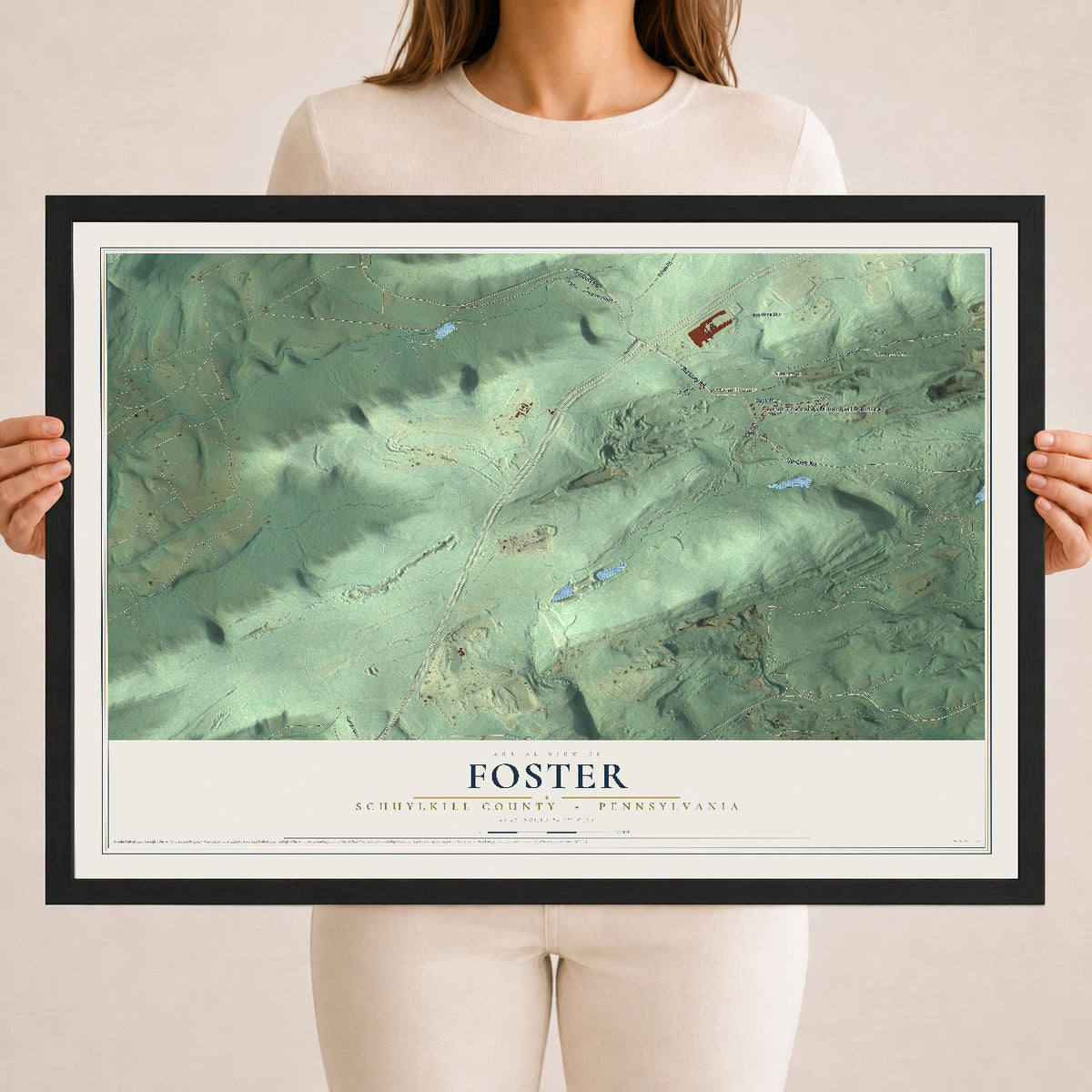 Map of Foster, Schuylkill County, Pennsylvania, 18 x 24 inch print in a black wood frame