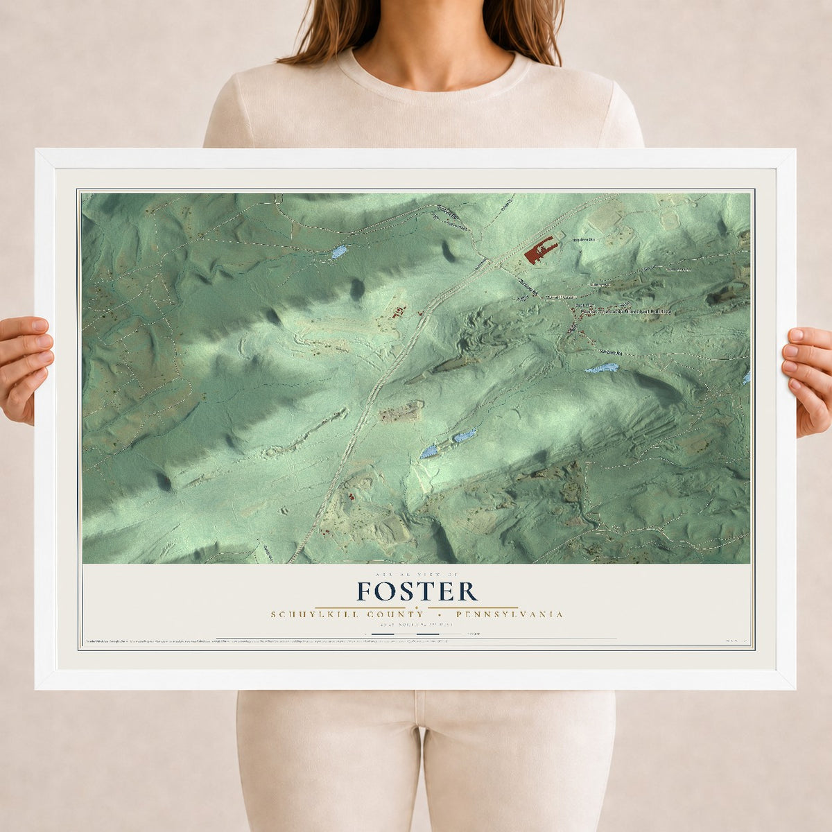 Map of Foster, Schuylkill County, Pennsylvania, 18 x 24 inch print in a white wood frame