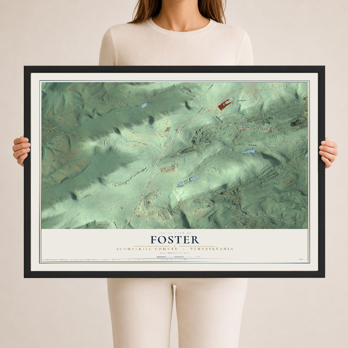 Map of Foster, Schuylkill County, Pennsylvania, 24 x 36 inch print in a black wood frame