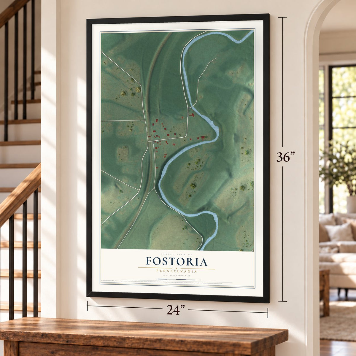 Fostoria, Pennsylvania map, 24 x 36 inch print in a black frame by a staircase