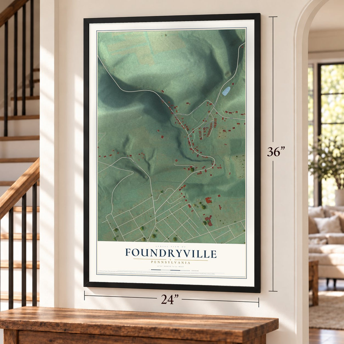 Foundryville, Pennsylvania map, 24 x 36 inch print in a black frame by a staircase